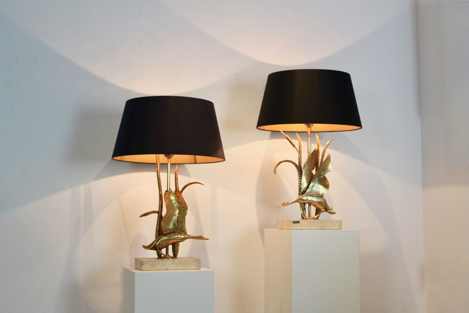 Lighting Travertine And Gilt Metal Wild Duck Table Lamps By Lanciotto Galeotti, Signed photo