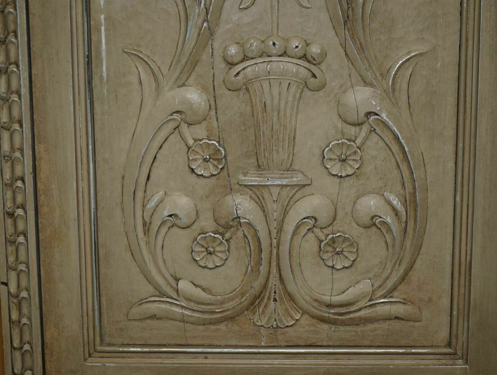 Antique Jacobean Revival Hand Carved Armoire Wardrobe With Grey French Paint photo vinterior