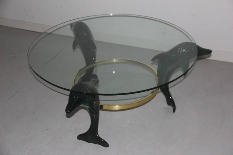Italian Dolphins Coffee Table 1970, Wood Lacquered Green , Brass , Glass Round photo Furniture