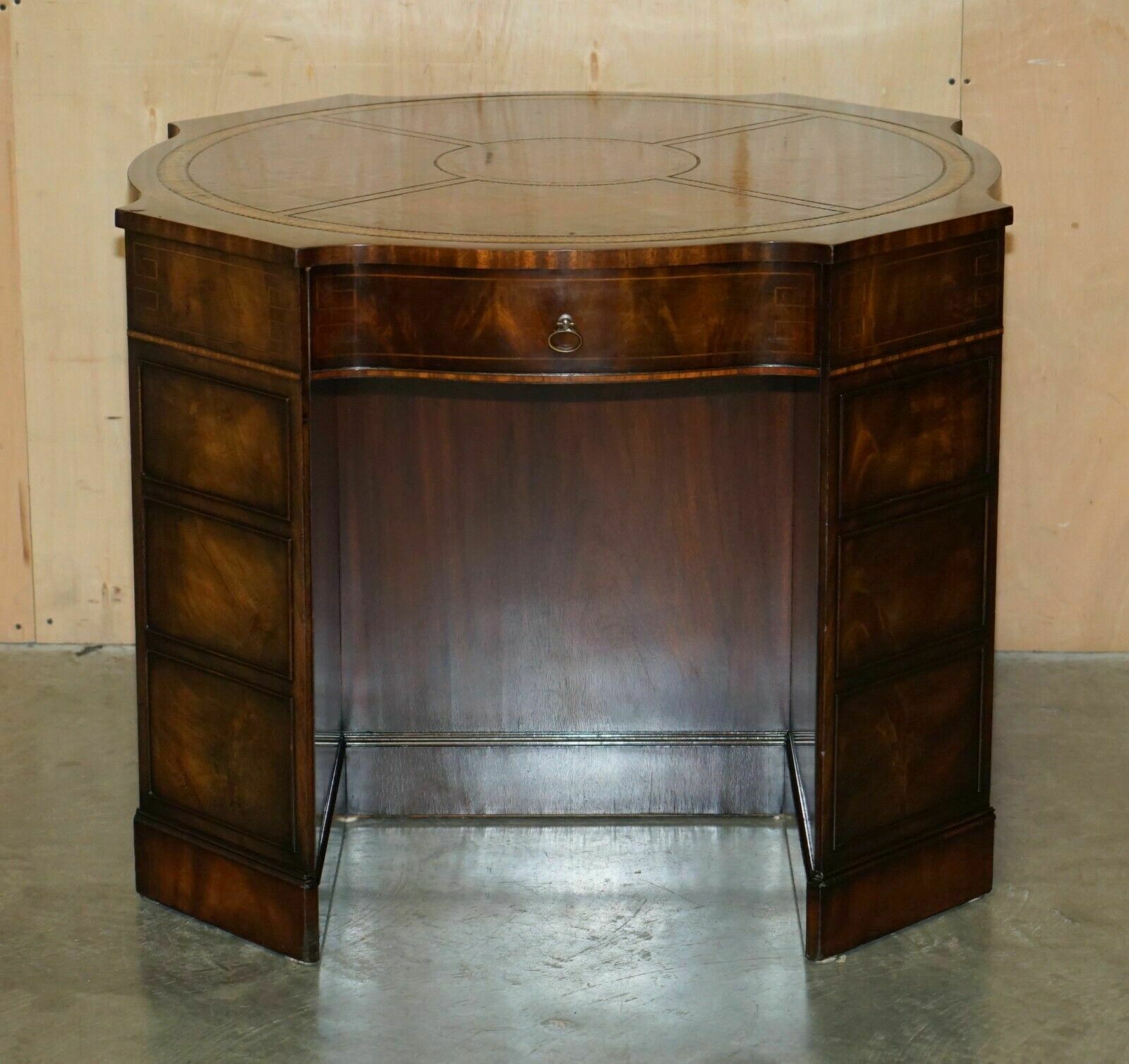 Exquisite Flamed Mahogany Hand Dyed Brown Leather Library Pedestal 2 Person Desk photo for sale