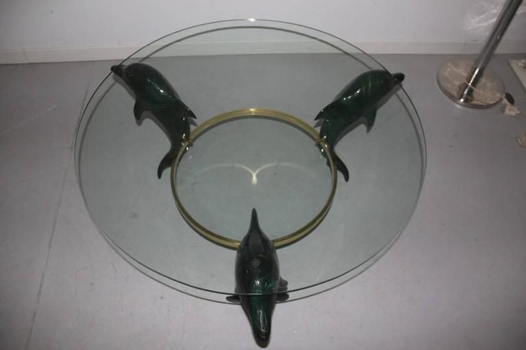 Italian Dolphins Coffee Table 1970, Wood Lacquered Green , Brass , Glass Round photo buy