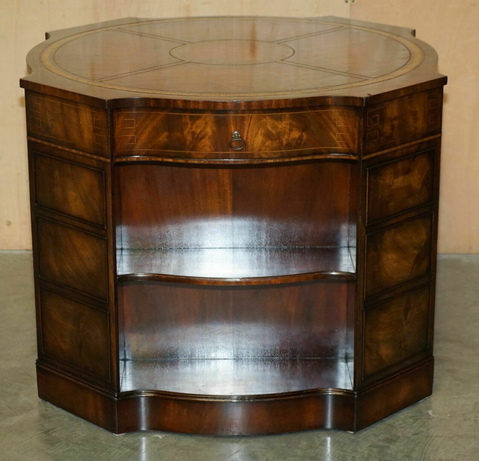 photo buy Exquisite Flamed Mahogany Hand Dyed Brown Leather Library Pedestal 2 Person Desk