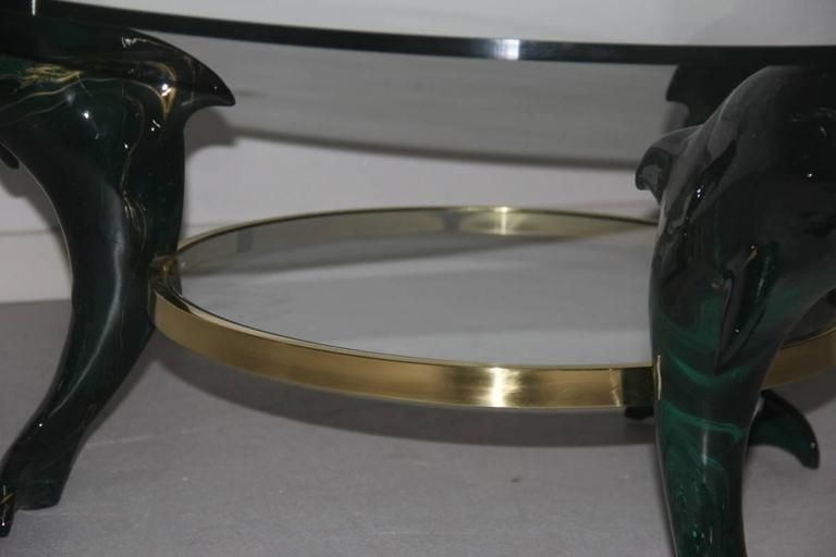 Italian Dolphins Coffee Table 1970, Wood Lacquered Green , Brass , Glass Round photo vintage