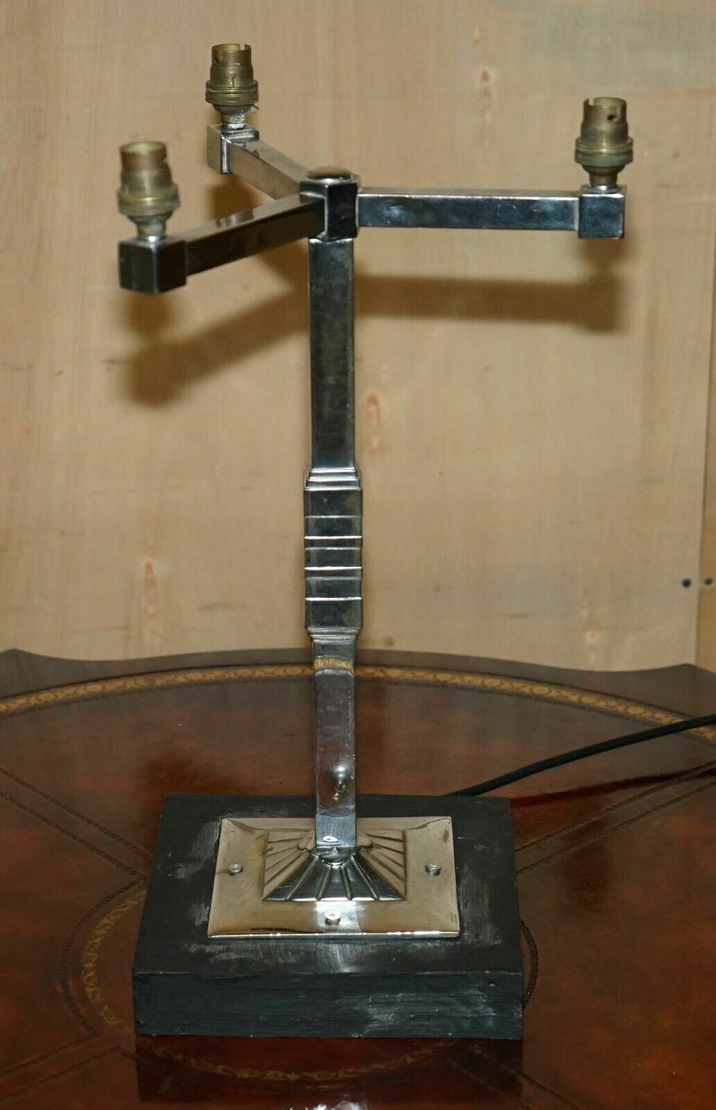 photo for sale Pair Of Original Antique French Art Deco Chrome Three Brand Light Table Lamps