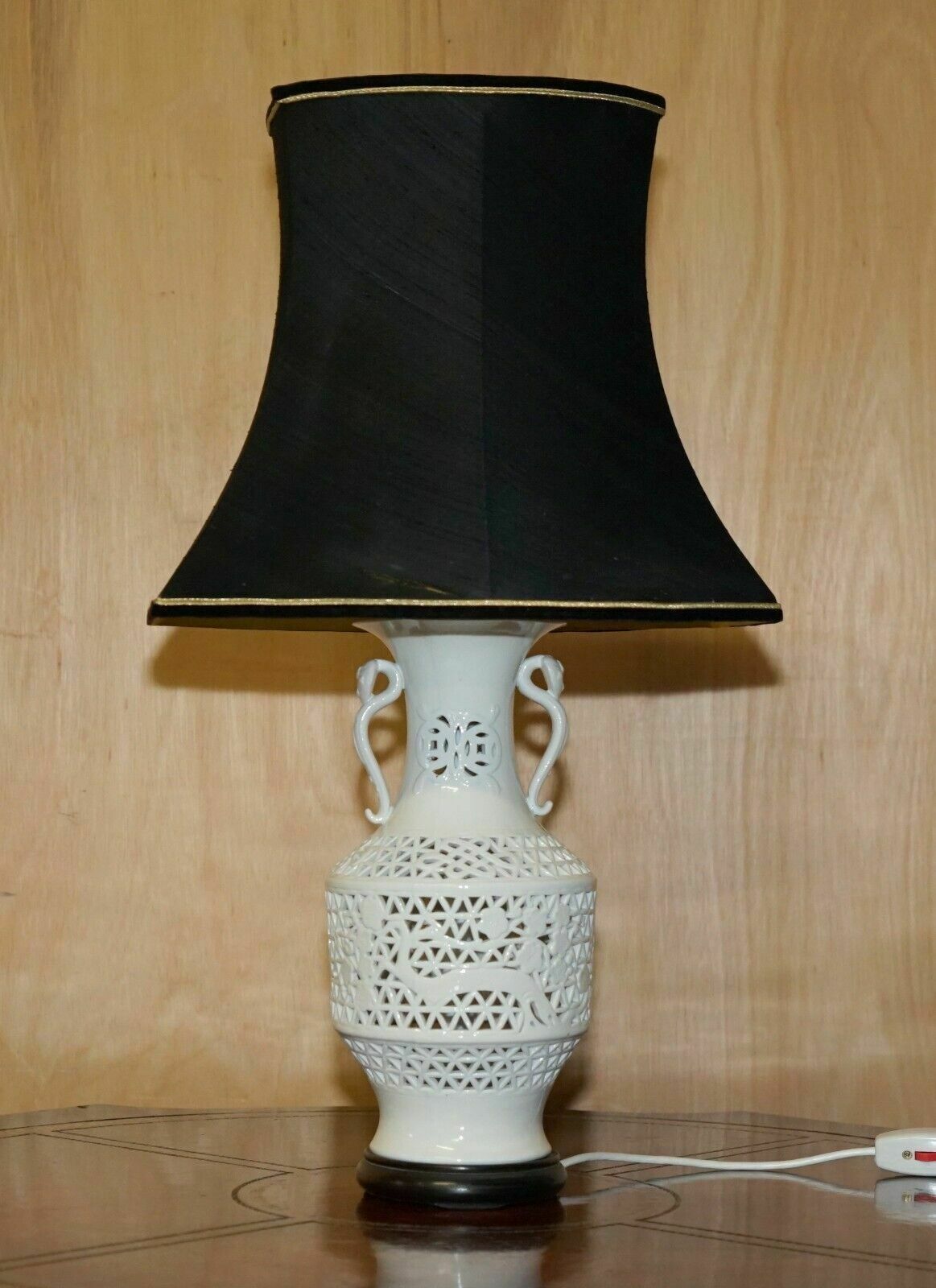 Vintage White Porcelain Chinese Style Lamp With Ornately Pierced Body photo furniture