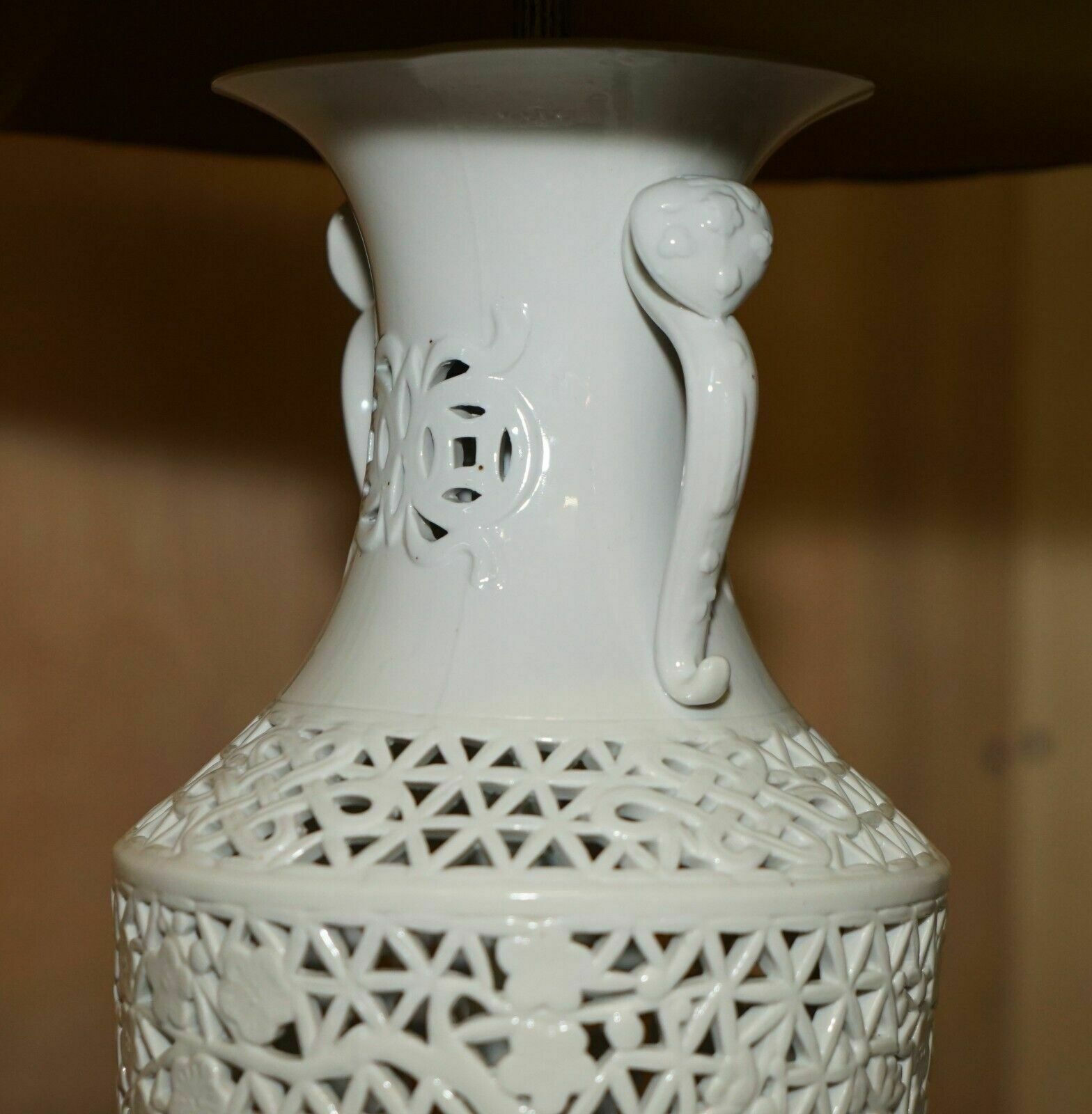 photo for sale Vintage White Porcelain Chinese Style Lamp With Ornately Pierced Body