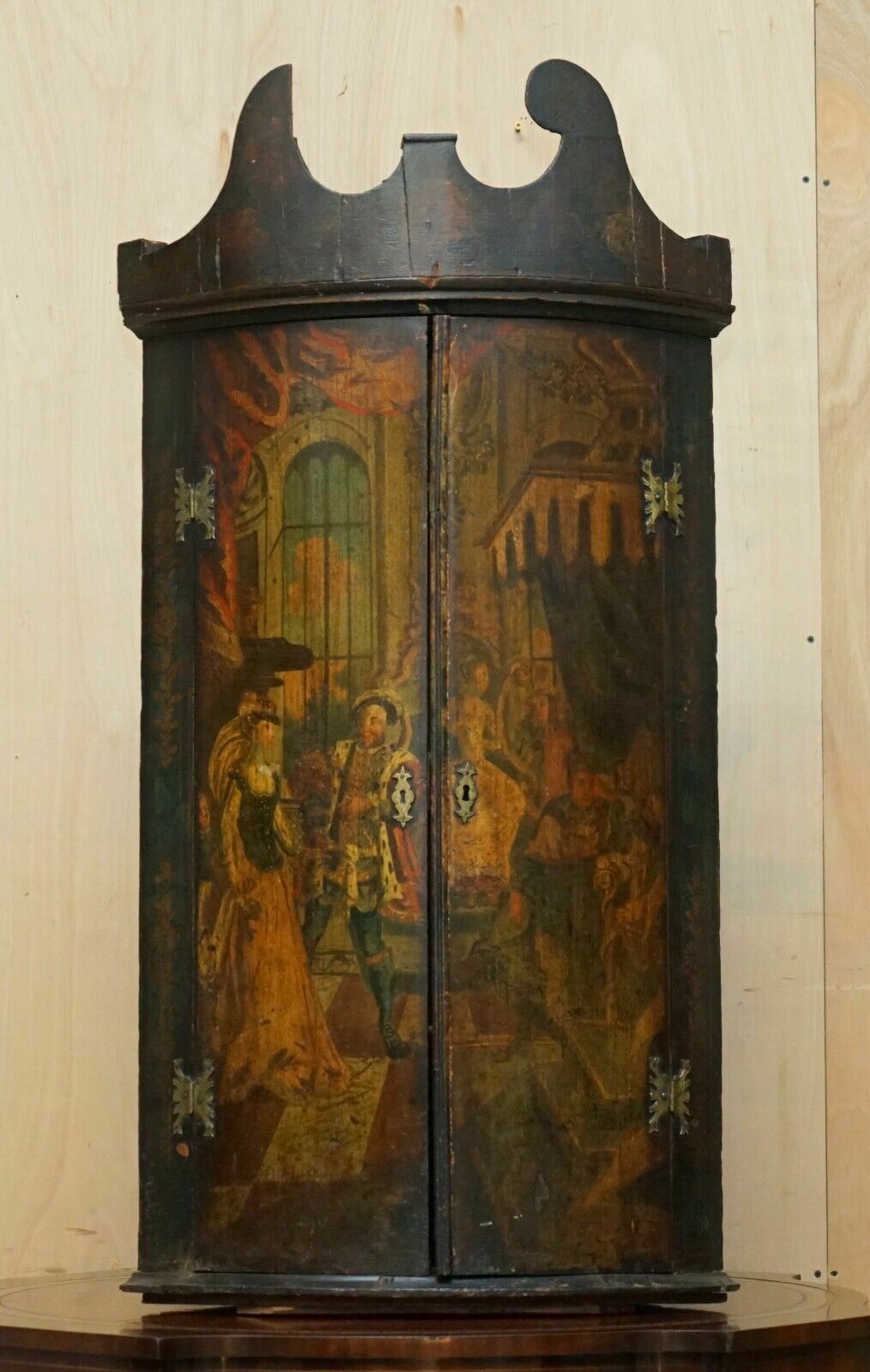 George I Circa 1700 Henry VIII Polychrome Painted Corner Wall Cabinet Must See