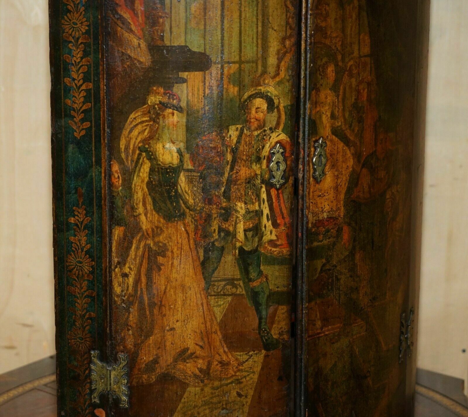 George I Circa 1700 Henry VIII Polychrome Painted Corner Wall Cabinet Must See photo for sale