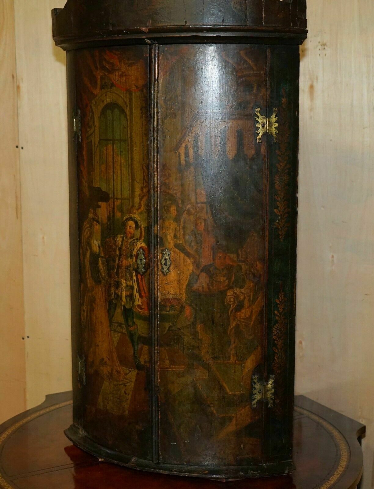 photo for sale George I Circa 1700 Henry VIII Polychrome Painted Corner Wall Cabinet Must See