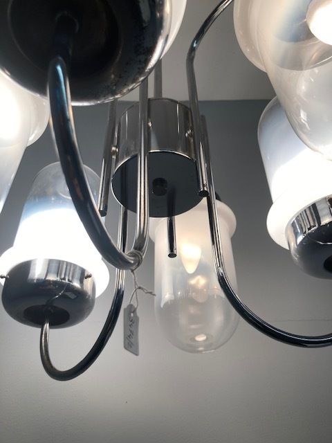Vintage 70s Six Light Chrome And Murano Designer Chandelier. Electrified Modern Design photo 412.0