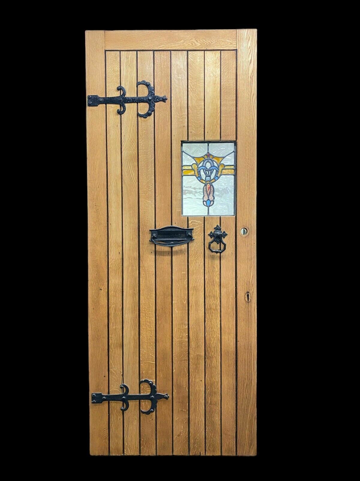 Solid Oak Front Door Stained Glass Old Period Antique Reclaimed Wood Cast Iron