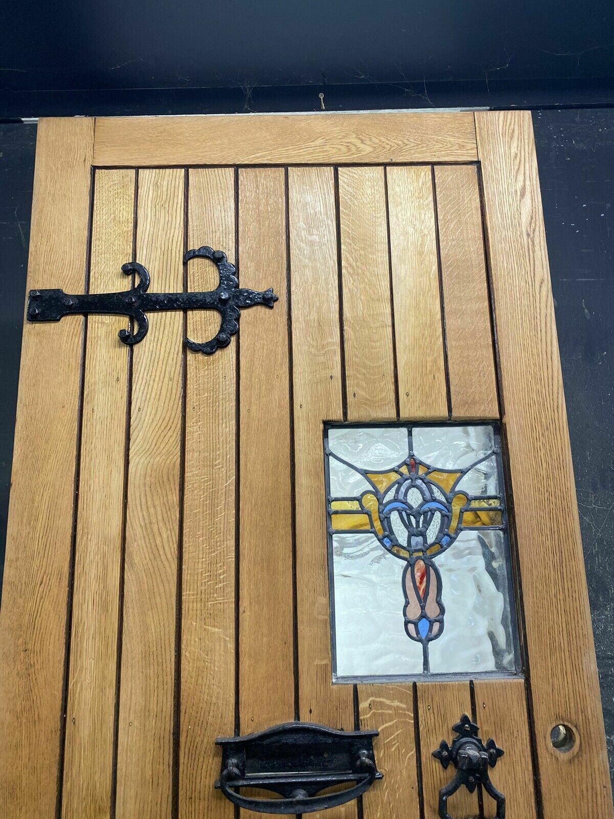 Solid Oak Front Door Stained Glass Old Period Antique Reclaimed Wood Cast Iron photo furniture