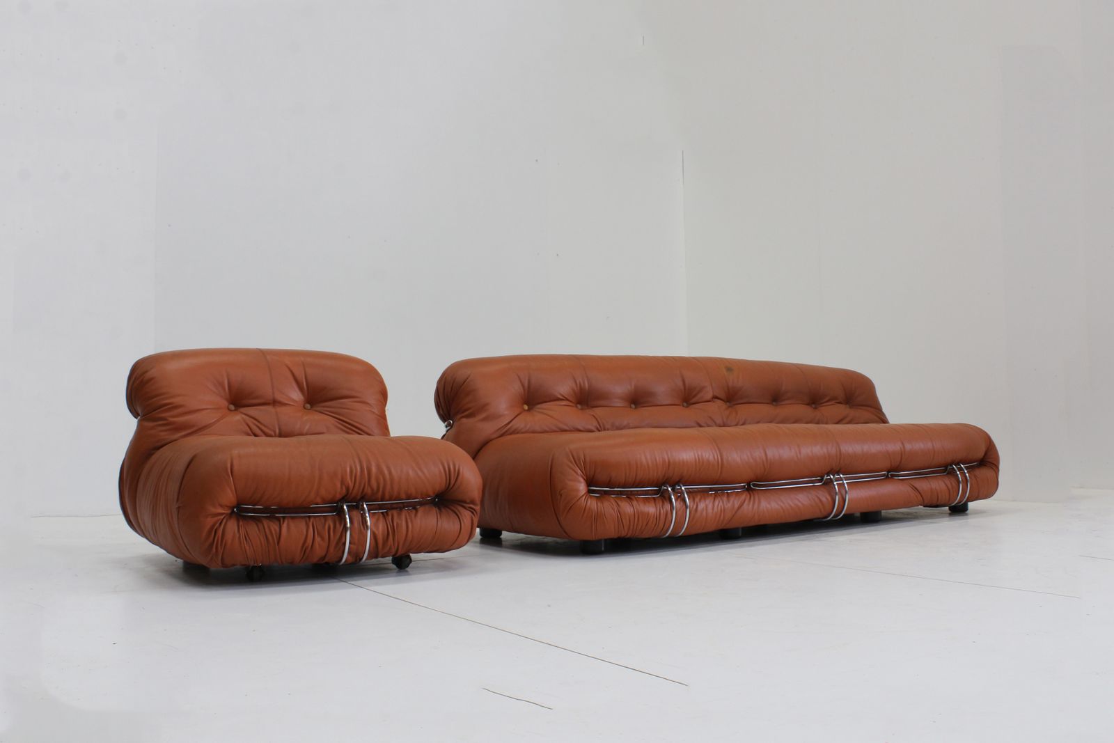 Soriana Lounge Set By Afra & Tobia Scarpa For Cassina In Cognac Leather