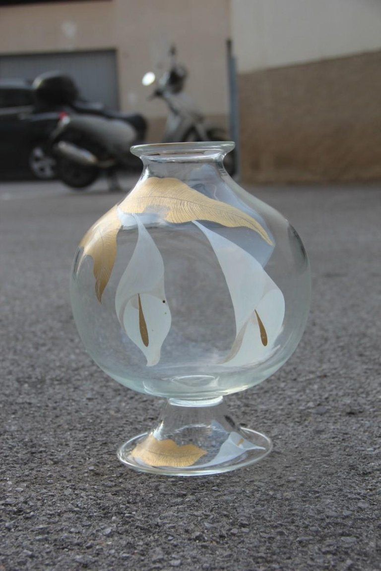 Italian 1970s Murano Glass Vase, Transparent Glass With Calle Leaves And Flowers photo furniture