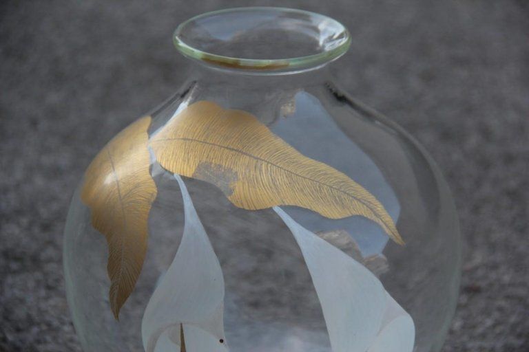 Italian 1970s Murano Glass Vase, Transparent Glass With Calle Leaves And Flowers photo for sale