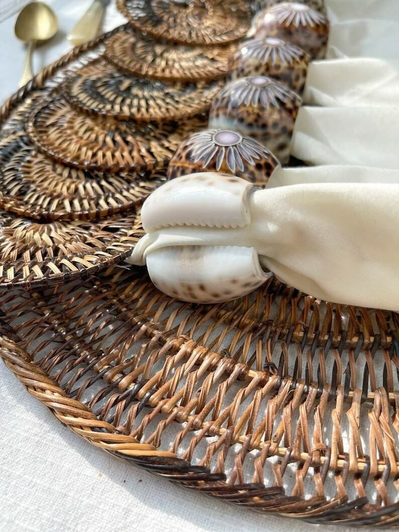 Rattan Placemat, Coasters, Embroidered Napkins And Cowrie Shell Napkin Ring ~ Vintage Placemat ~ Bohemian Table photo Home Decor