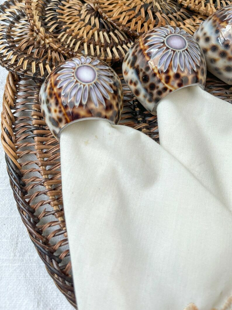 Rattan Placemat, Coasters, Embroidered Napkins And Cowrie Shell Napkin Ring ~ Vintage Placemat ~ Bohemian Table photo vinterior