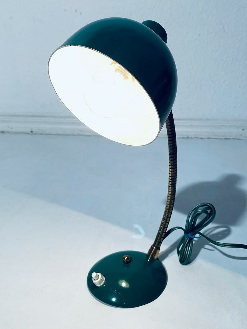 photo for sale Small Industrial Green Metal Table Lamp / 1950s Mid Century Vintage Desk Decor