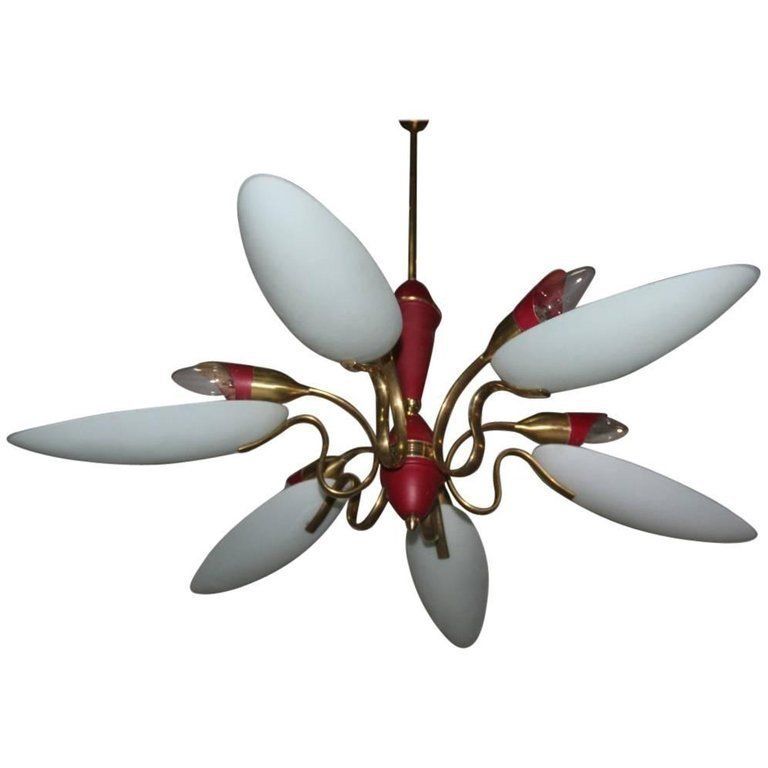Mid Century Modern Chandelier ,Glass,Brass,Lacquered Metal Italian Design
