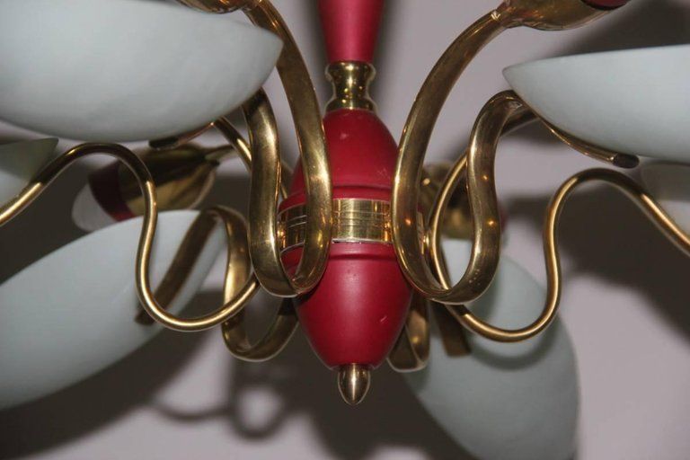 Mid Century Modern Chandelier ,Glass,Brass,Lacquered Metal Italian Design photo vinterior