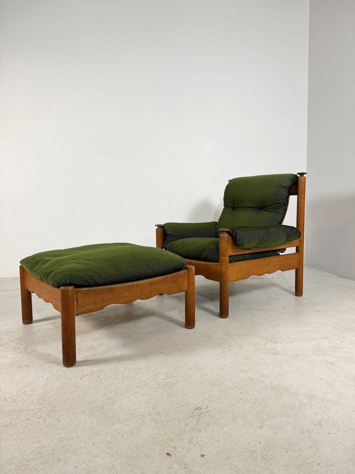 Vintage Oak Brutalist Armchair With Poof In Original Green Ribbled Fabric