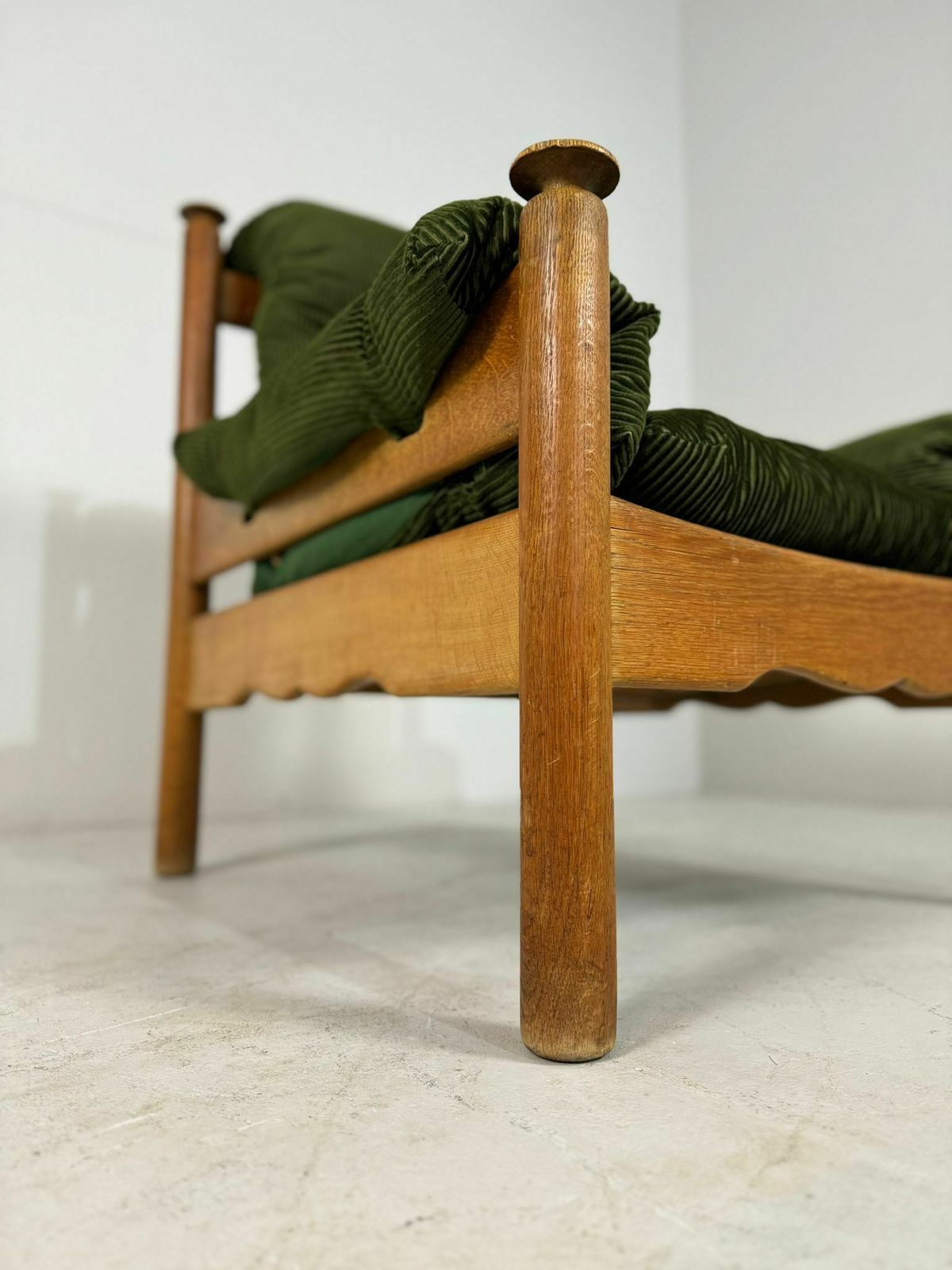 Vintage Oak Brutalist Armchair With Poof In Original Green Ribbled Fabric photo buy