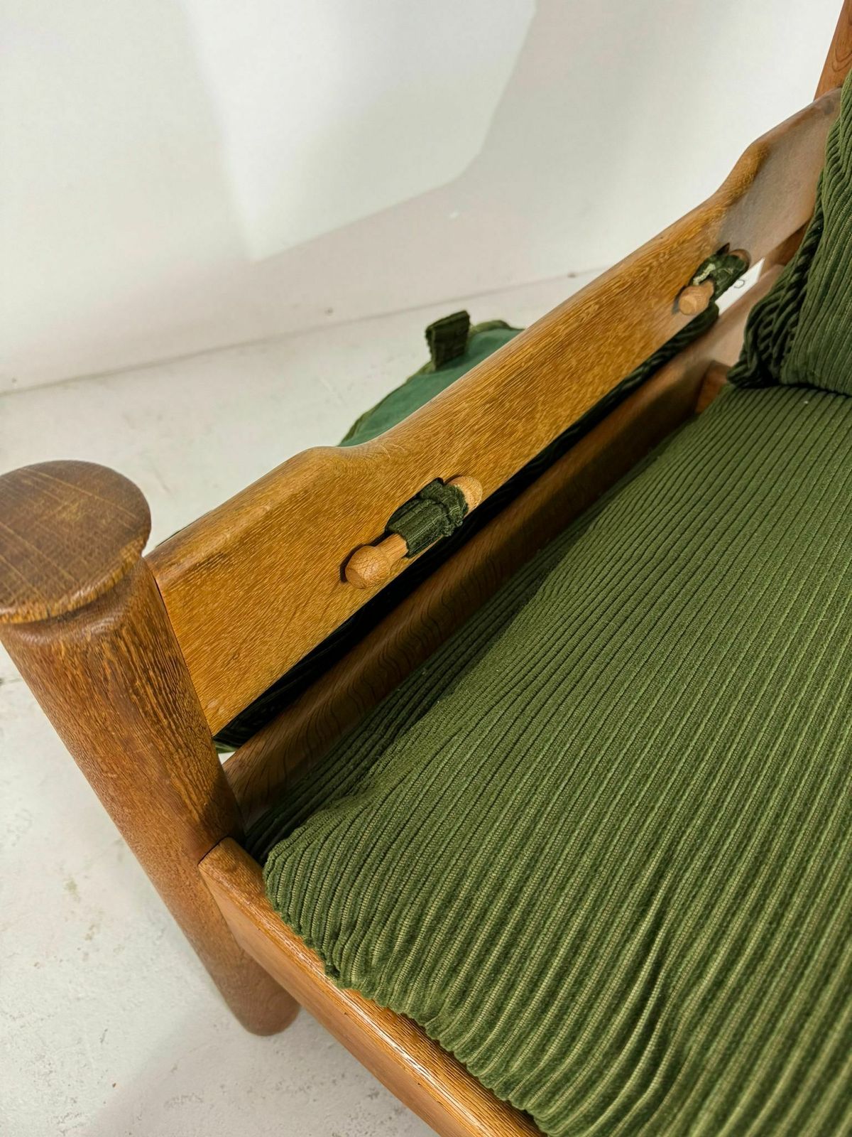 Vintage Oak Brutalist Armchair With Poof In Original Green Ribbled Fabric photo vintage