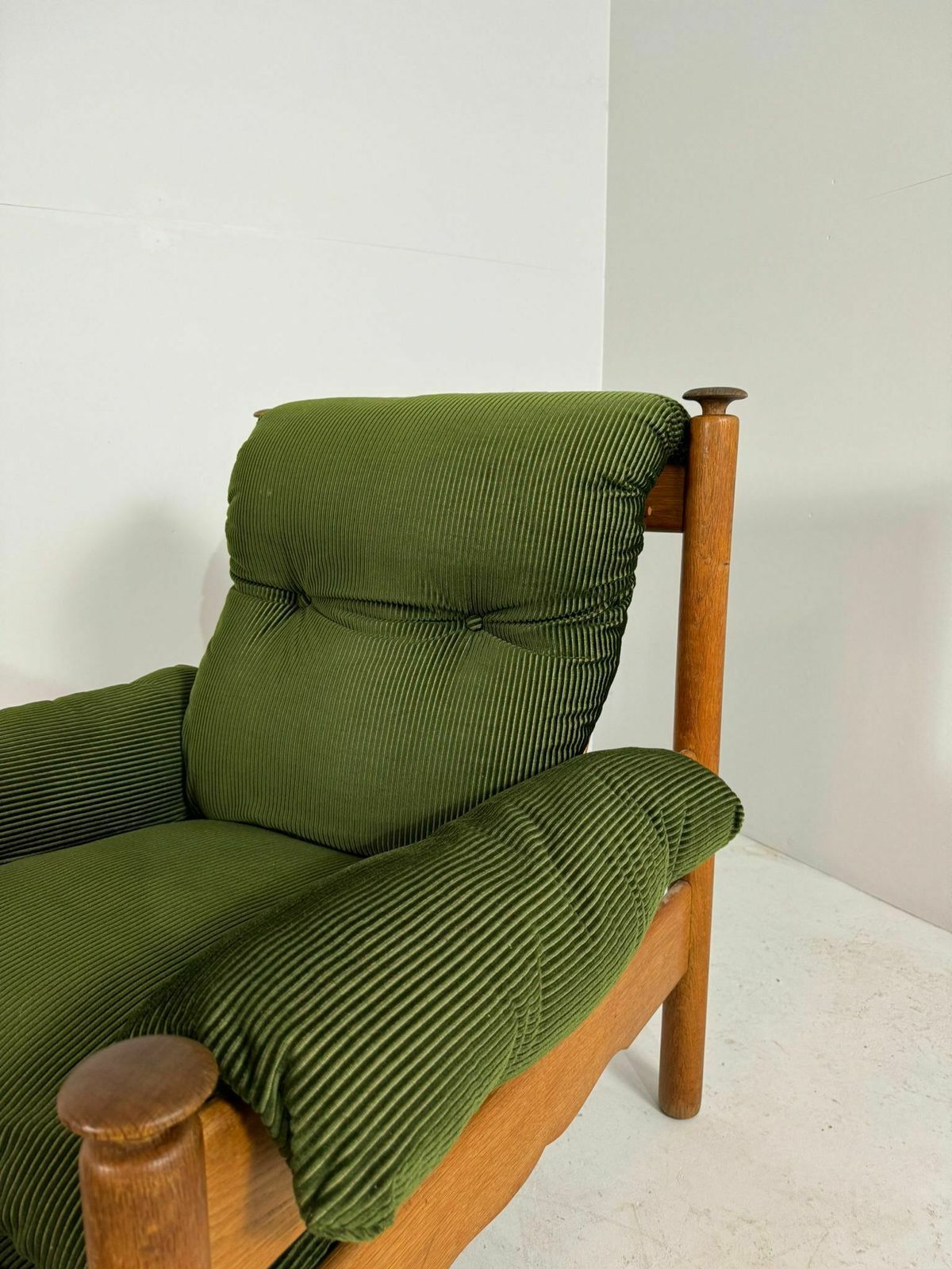 photo for sale Vintage Oak Brutalist Armchair With Poof In Original Green Ribbled Fabric
