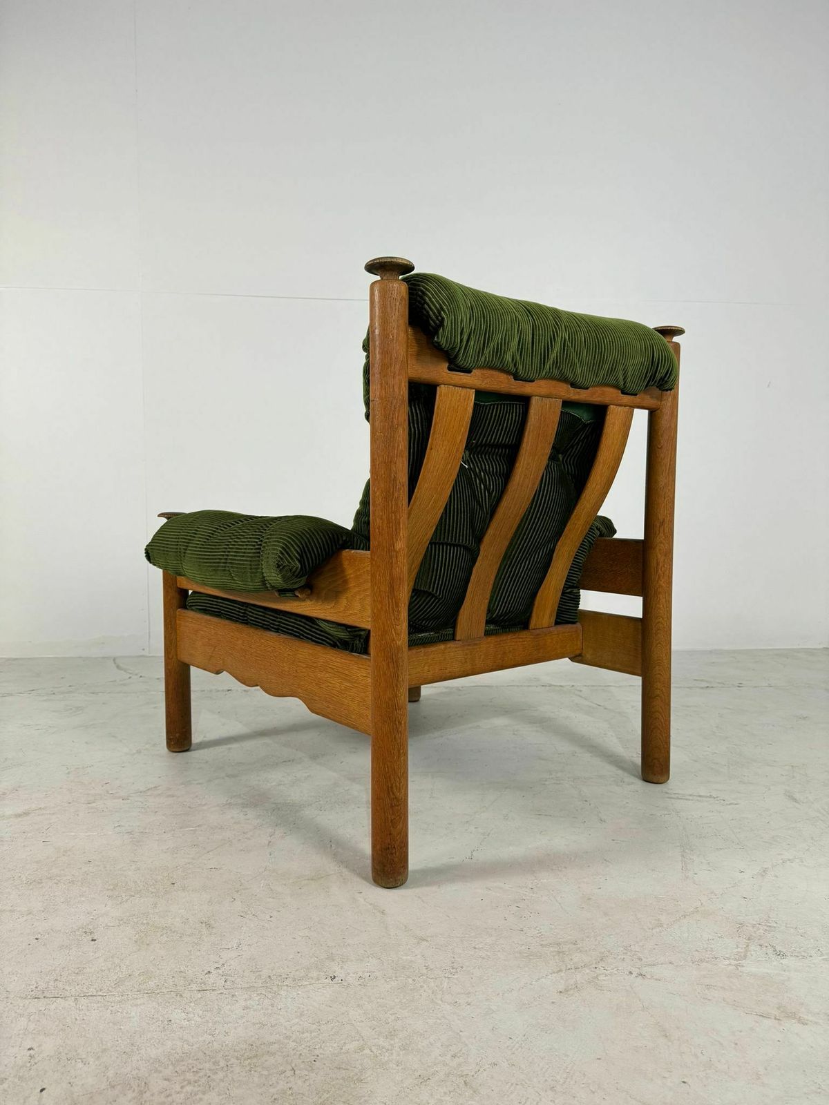 Furniture Vintage Oak Brutalist Armchair With Poof In Original Green Ribbled Fabric photo
