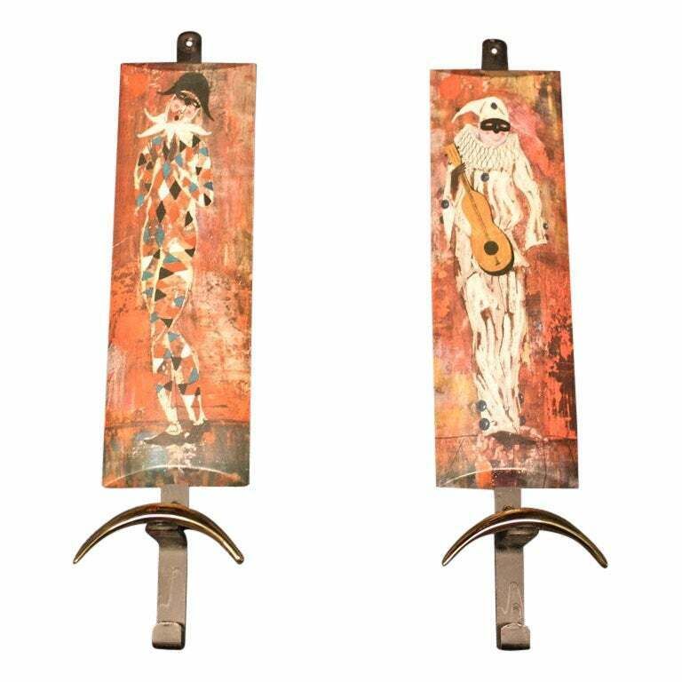 Mid Century Italian Wall Coat Rack In Metal, Brass And Resin With Carnival Masks