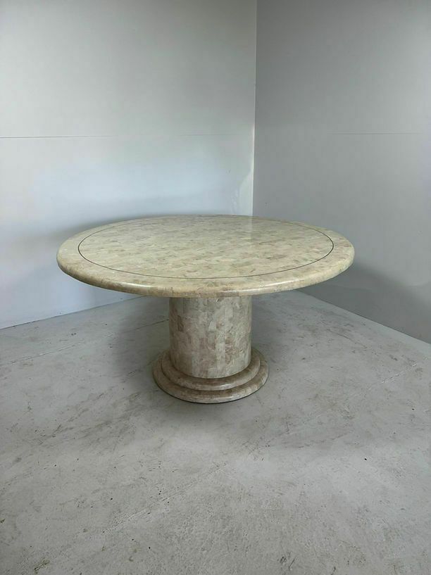Mid Century Ronde Eettafel Van Gemosaiekt Steen En Messing photo vintage