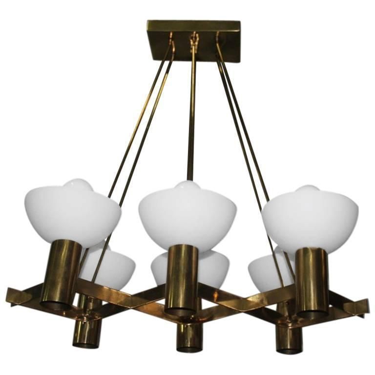 Mid Century Modern Italian Chandelier Brass Murano Glass Sculptural