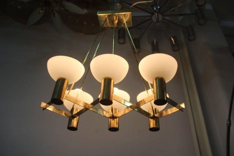 Mid Century Modern Italian Chandelier Brass Murano Glass Sculptural photo furniture