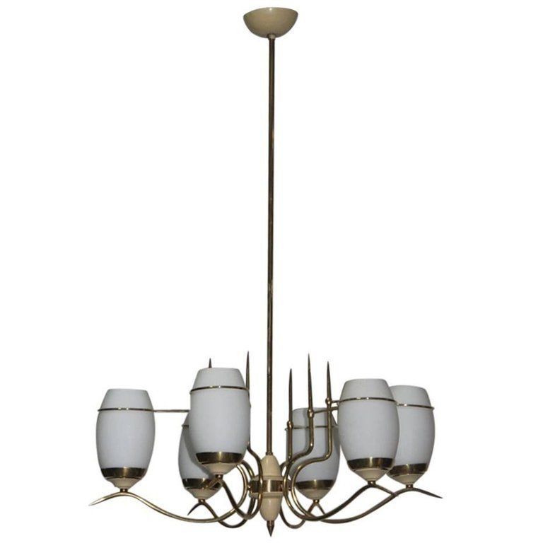 Mid Century Modern Italian Chandelier Stilnovo Brass Lacquered Murano Glass