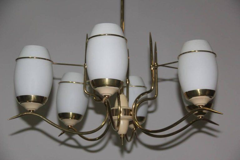 Mid Century Modern Italian Chandelier Stilnovo Brass Lacquered Murano Glass photo 1800.0