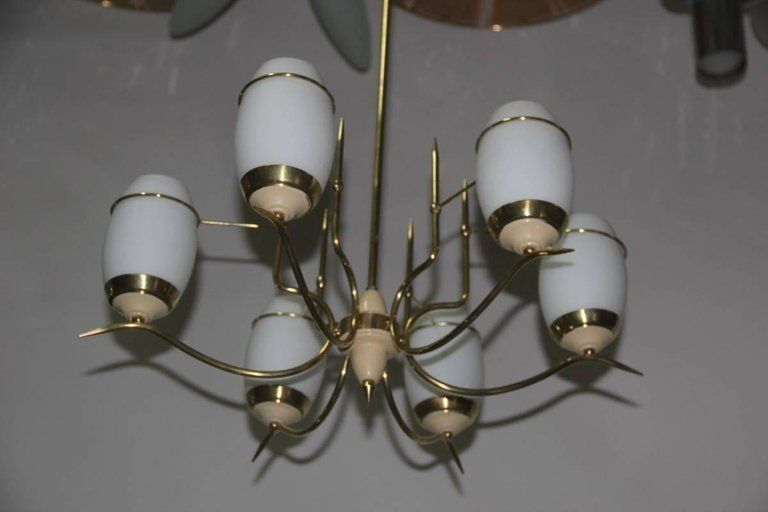 Mid Century Modern Italian Chandelier Stilnovo Brass Lacquered Murano Glass photo buy