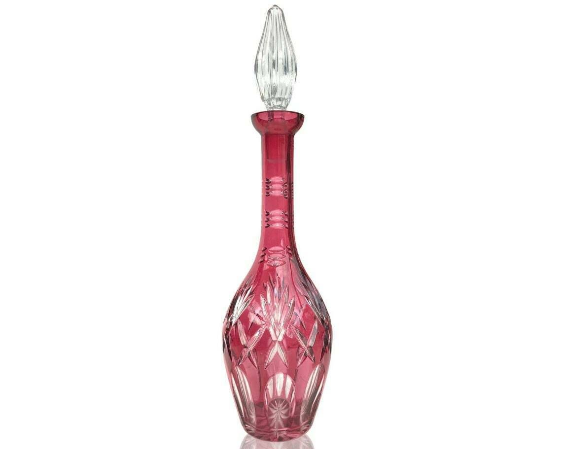 Red Crystal Decanter | Round Wine Decanter | Cut Crystal With Tall Neck | 1960 70s