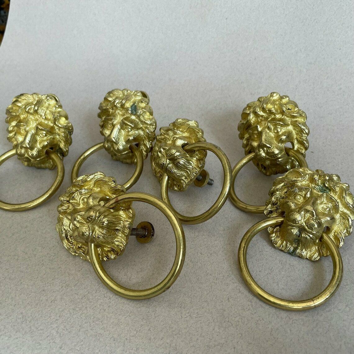 6 Matching Antique Gold Cupboard Lion Head Face Handles Ornate Drawer Pulls Furniture Trims Old Reclaimed Drawers Ring Loop Brass photo buy
