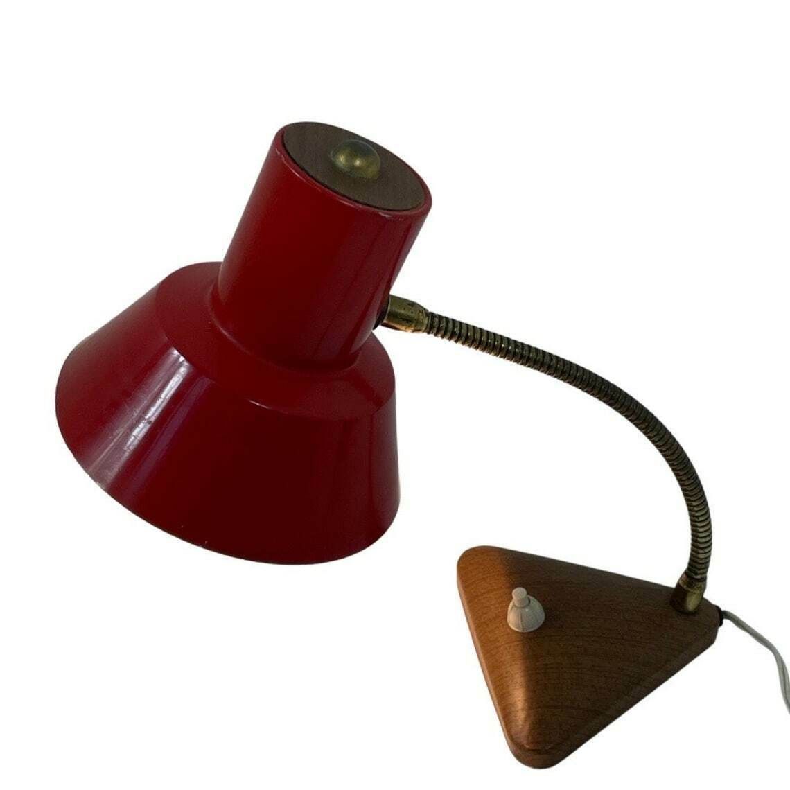 Red Desk Lamp   Faux Wooden Base Ans Accent   Brass Gooseneck photo vinterior