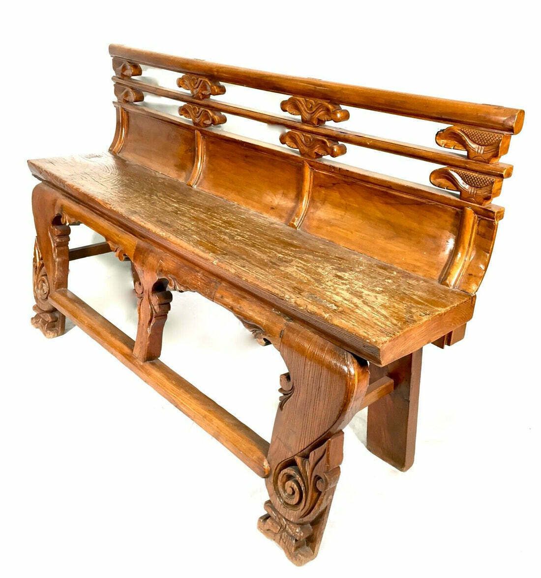 Antique Chinese Buddhist Temple / Opera Bench Elm Wood / 19th Century / C.1890 photo for sale