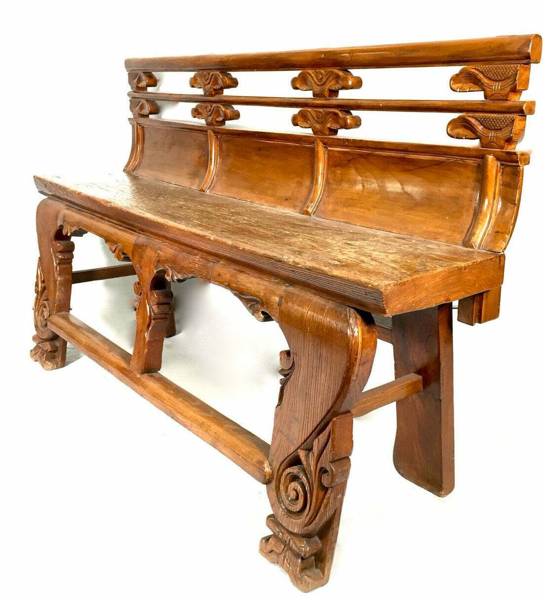 Antique Chinese Buddhist Temple / Opera Bench Elm Wood / 19th Century / C.1890 photo vintage