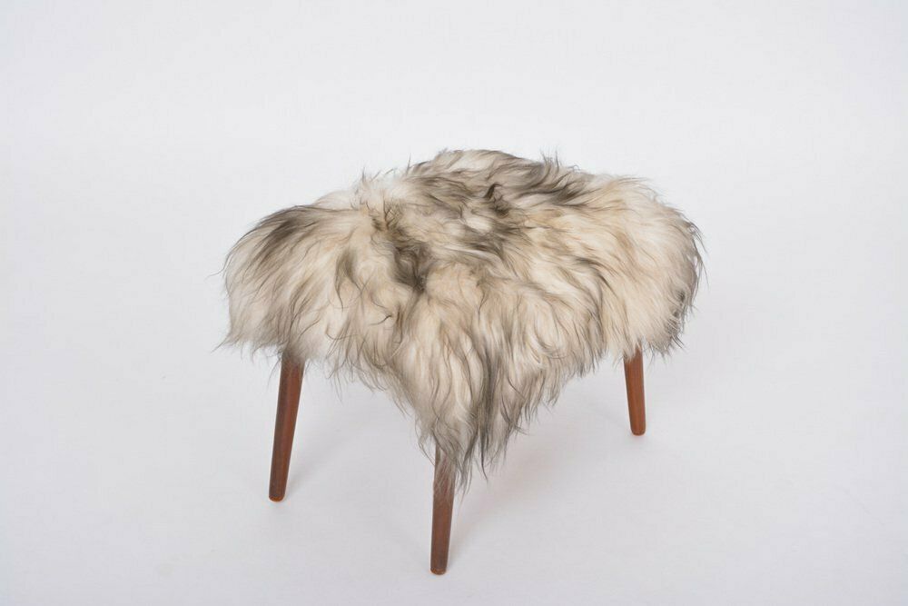 Mid Century Danish Modern Stool Covered In White & Black Sheepskin, 1950s photo furniture