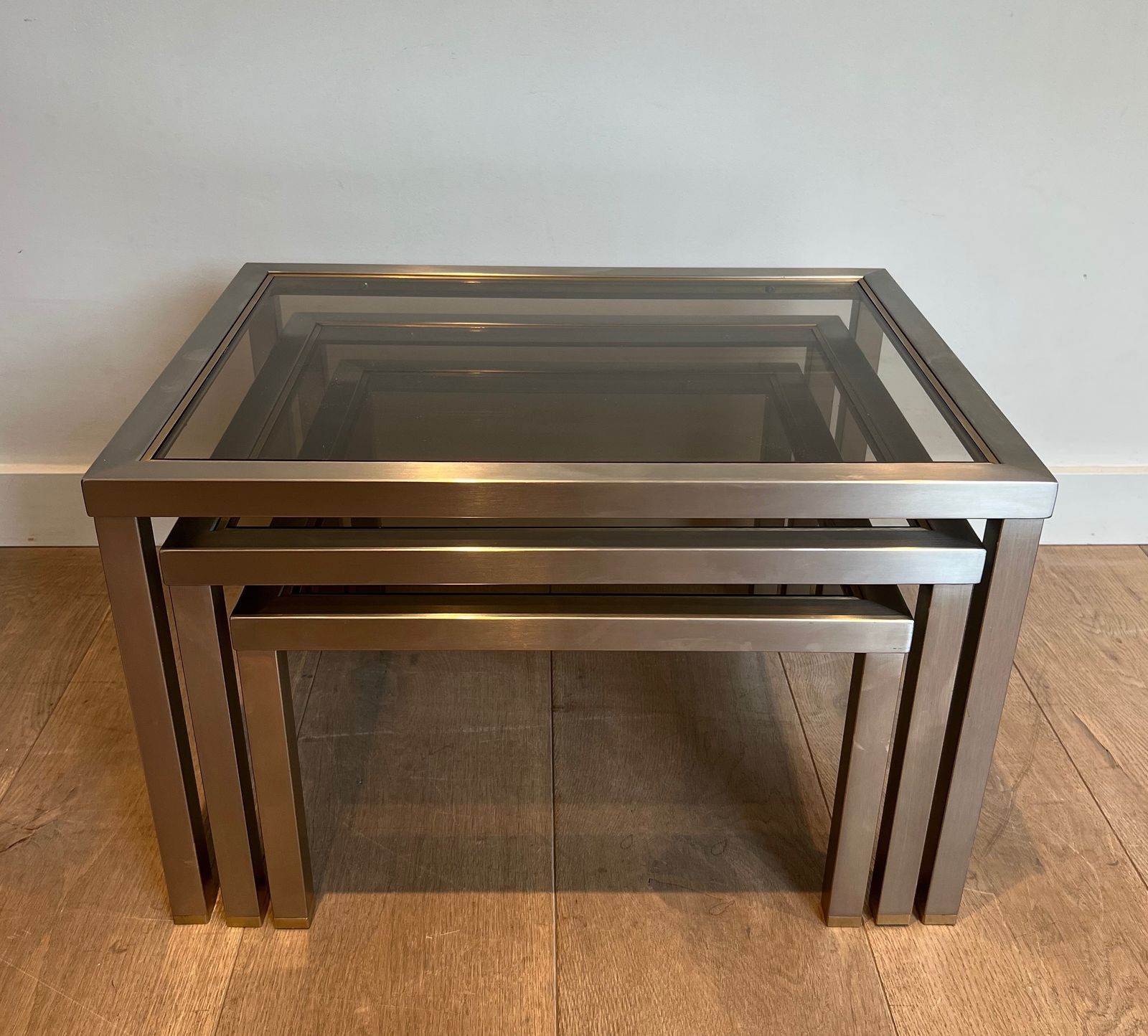 Suite Of 3 Nesting Tables In Brushed Steel And Brass Attributed To Guy Lefèvre photo 1250.0