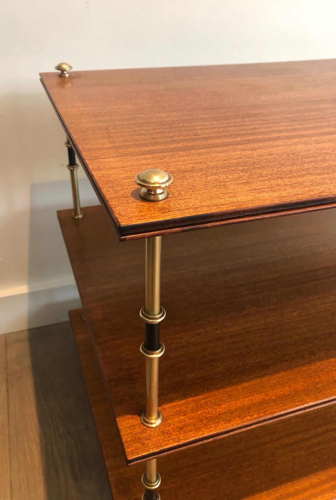 Pair Of Small Consoles Or Sofa Ends With Three Levels In Mahogany And Brass From Maison Jansen photo vinterior