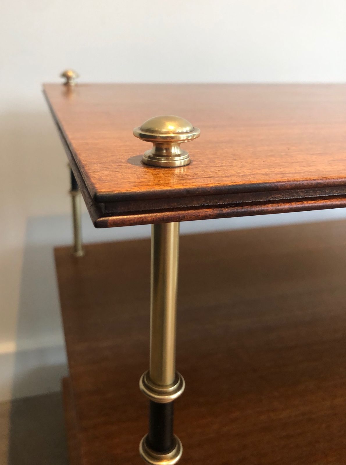 Pair Of Small Consoles Or Sofa Ends With Three Levels In Mahogany And Brass From Maison Jansen photo buy