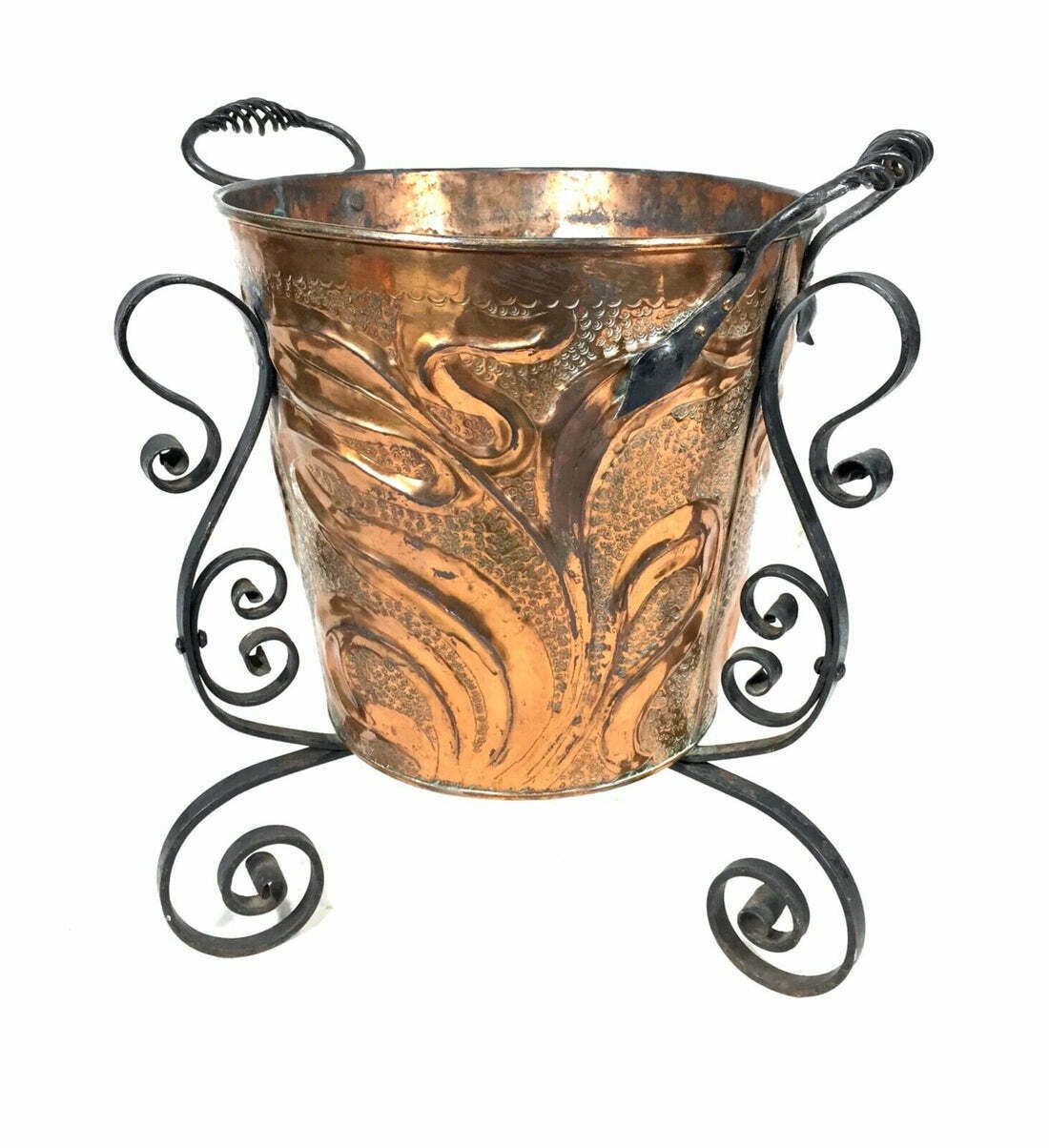 Antique Art Nouveau Copper & Cast Iron Bin / Planter / Arts & Crafts Log Basket photo vinterior