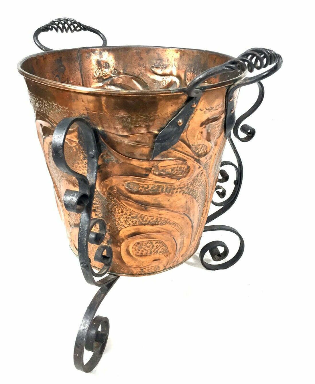 Antique Art Nouveau Copper & Cast Iron Bin / Planter / Arts & Crafts Log Basket photo vintage