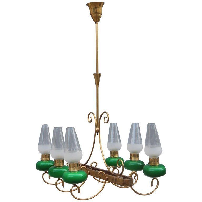 Mid Century Italian Chandelier Brass Green Glass 1950 Gold Crystal