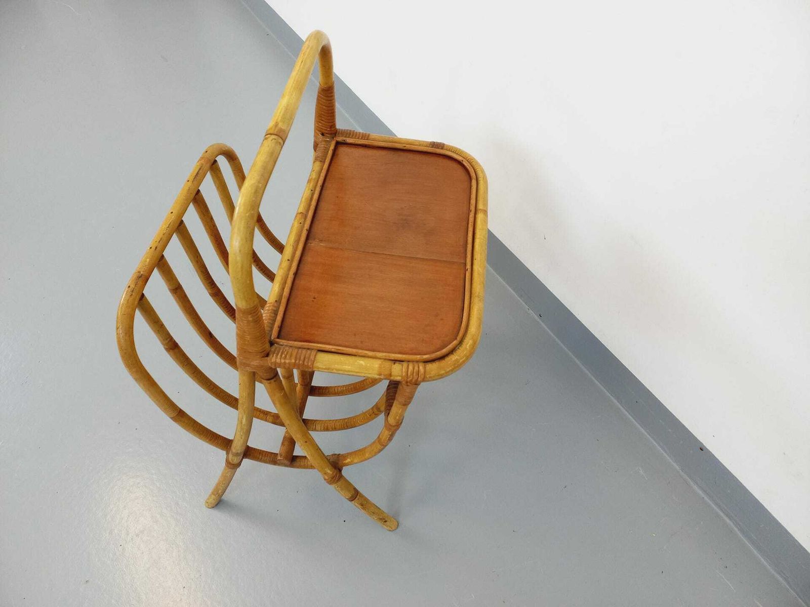 Side Table With Vintage Rattan And Wood Magazine Rack From The 60s photo Furniture