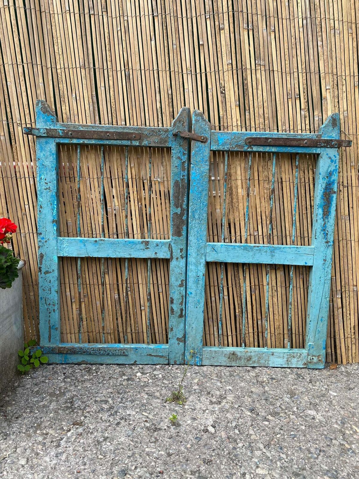 Pair Of Vintage Garden Gates — Distressed Turquoise Paint With Original Hook & Hinges, Mid 20th Century Salvage